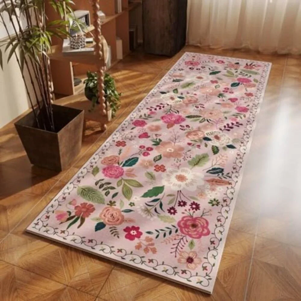 Non Slip 2 x 6 Pink Washable Runner Rugs with Rubber Backing Soft Floral Carpet